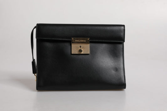 Dolce &amp; Gabbana – Dokumenten-Aktentasche aus schwarzem Leder mit Logo-Schild