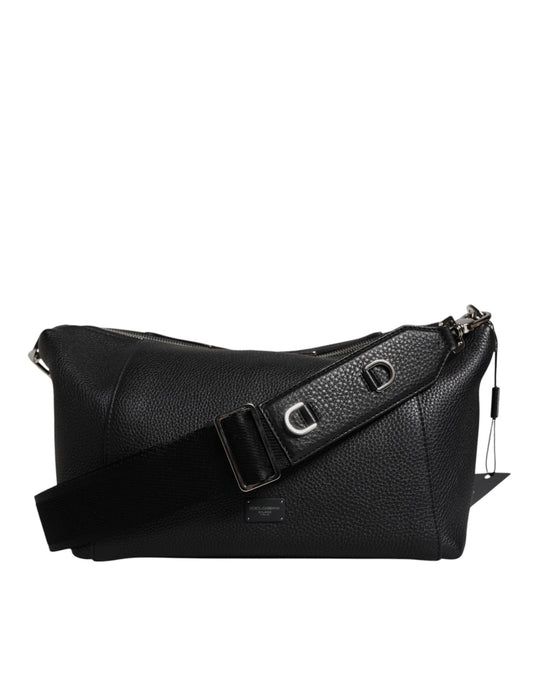 Dolce &amp; Gabbana – Schulter-Umhängetasche aus schwarzem Leder mit Logo-Schild