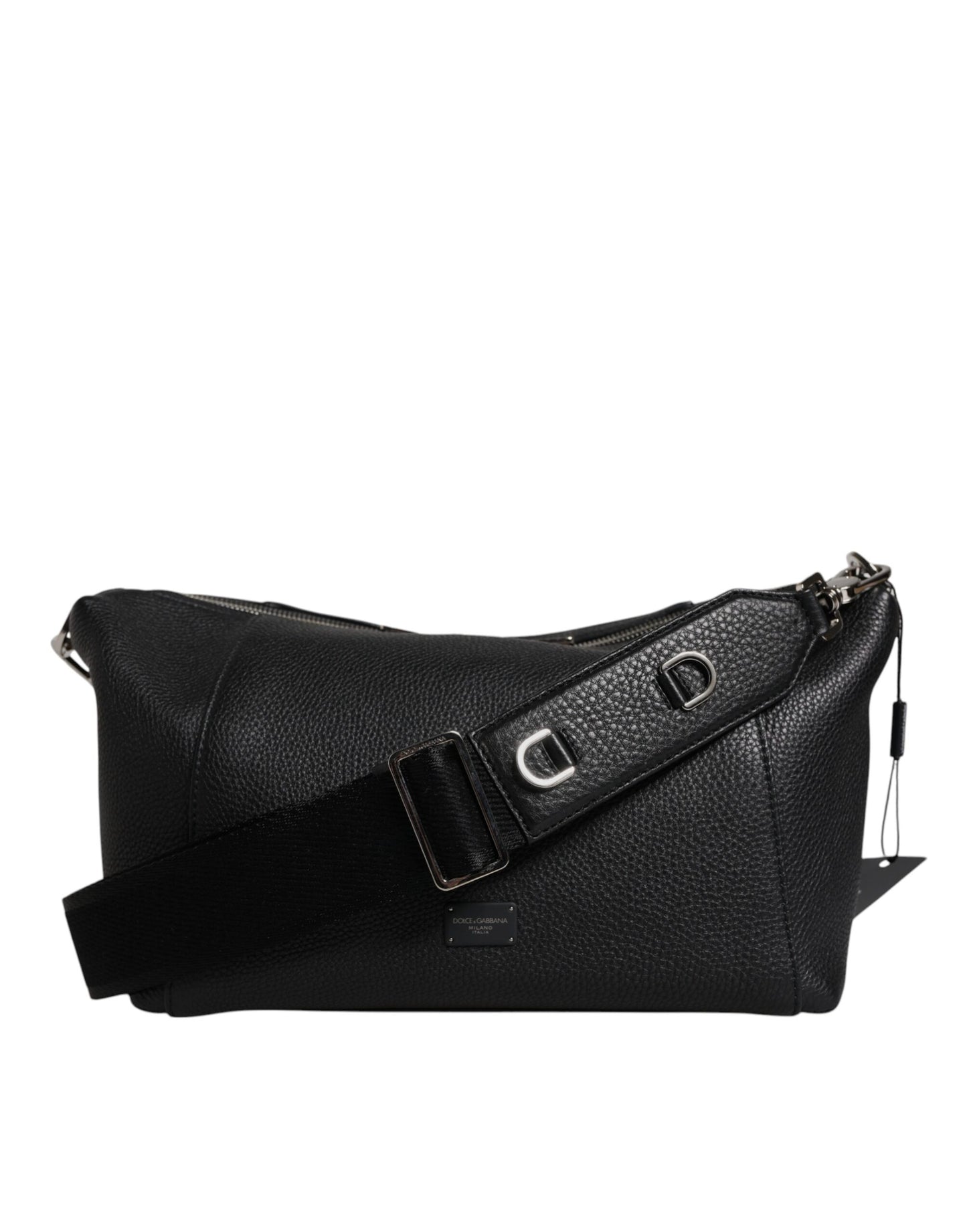 Dolce &amp; Gabbana – Schulter-Umhängetasche aus schwarzem Leder mit Logo-Schild