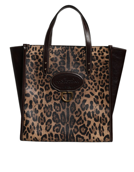 Sac fourre-tout à bandoulière en cuir léopard marron Dolce &amp; Gabbana