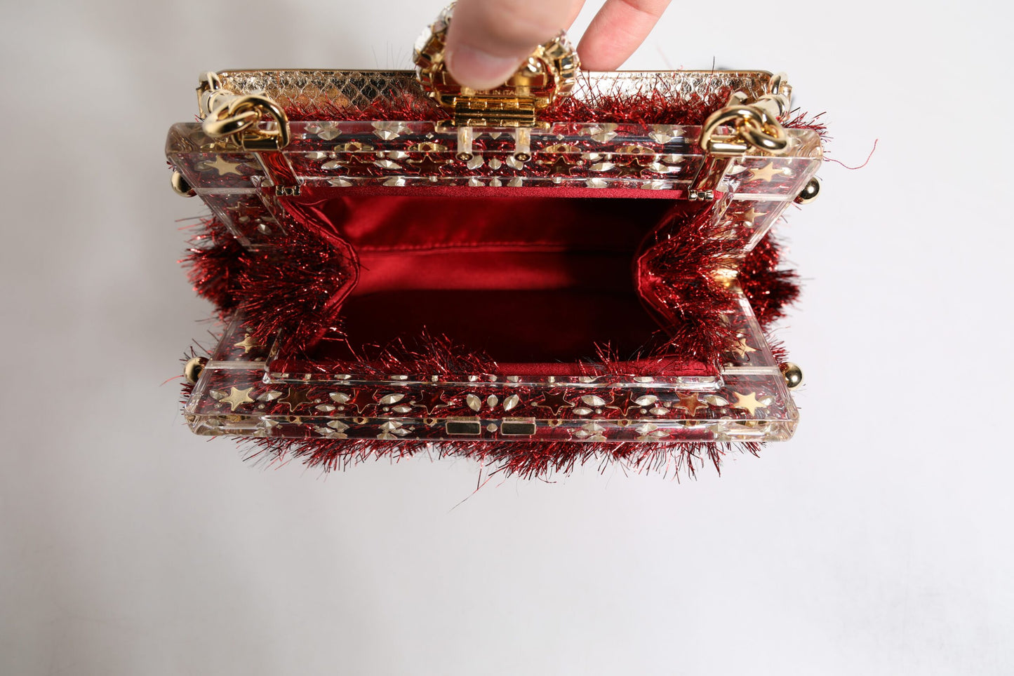 Pochette de soirée Dolce &amp; Gabbana avec chaîne en or rouge VANDA et cristaux scintillants