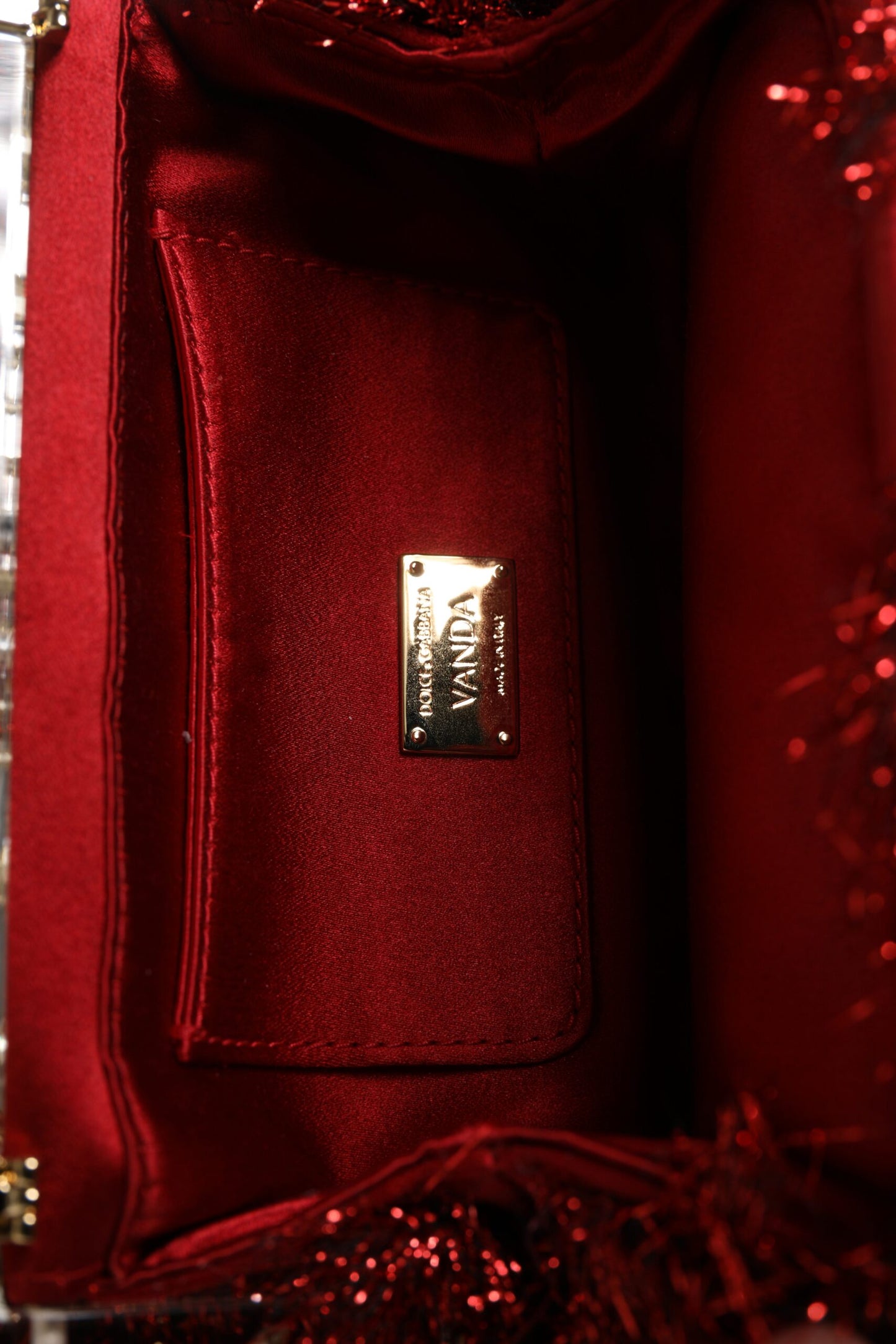 Pochette de soirée Dolce &amp; Gabbana avec chaîne en or rouge VANDA et cristaux scintillants