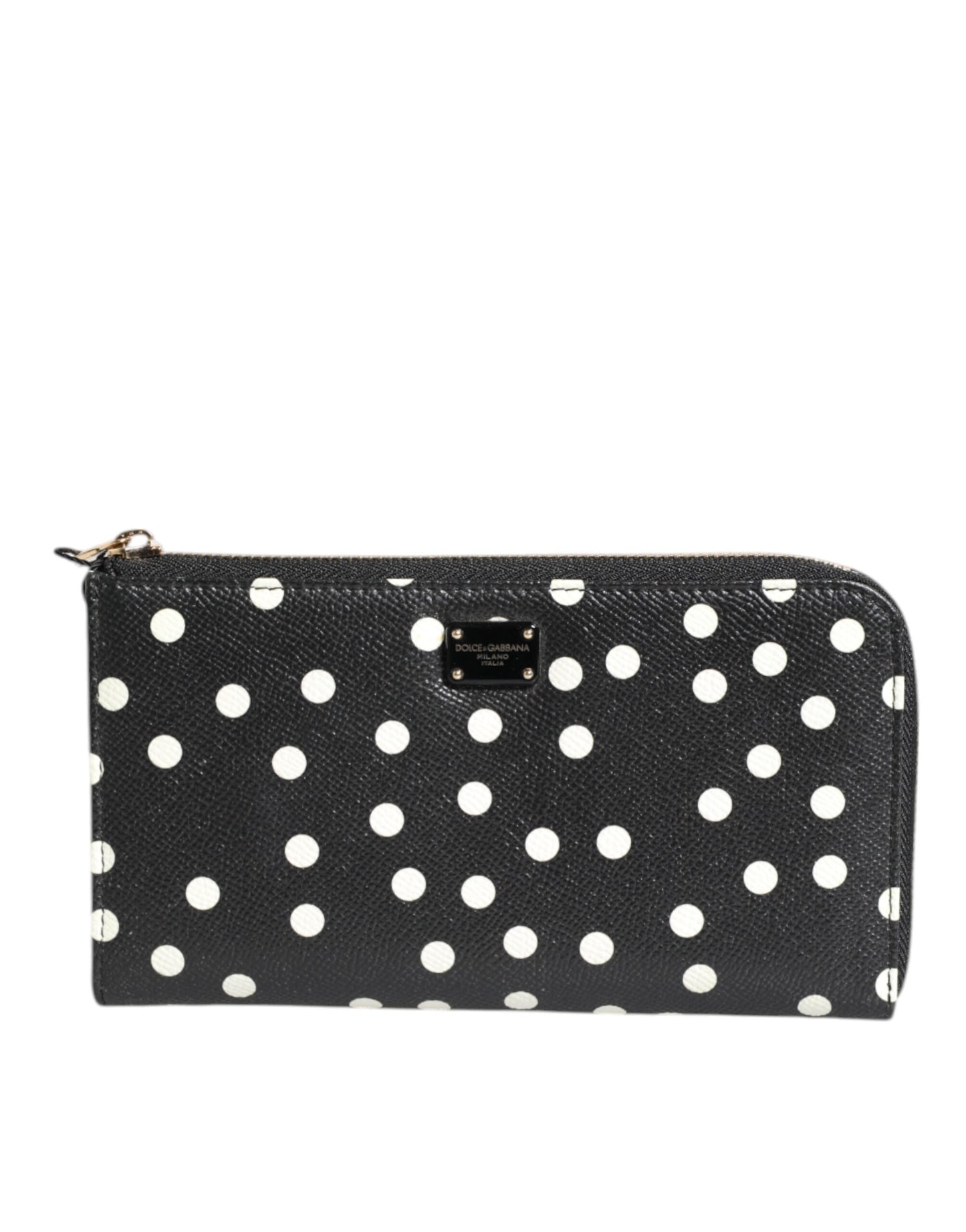 Portefeuille continental zippé Dolce &amp; Gabbana en cuir noir et blanc à pois