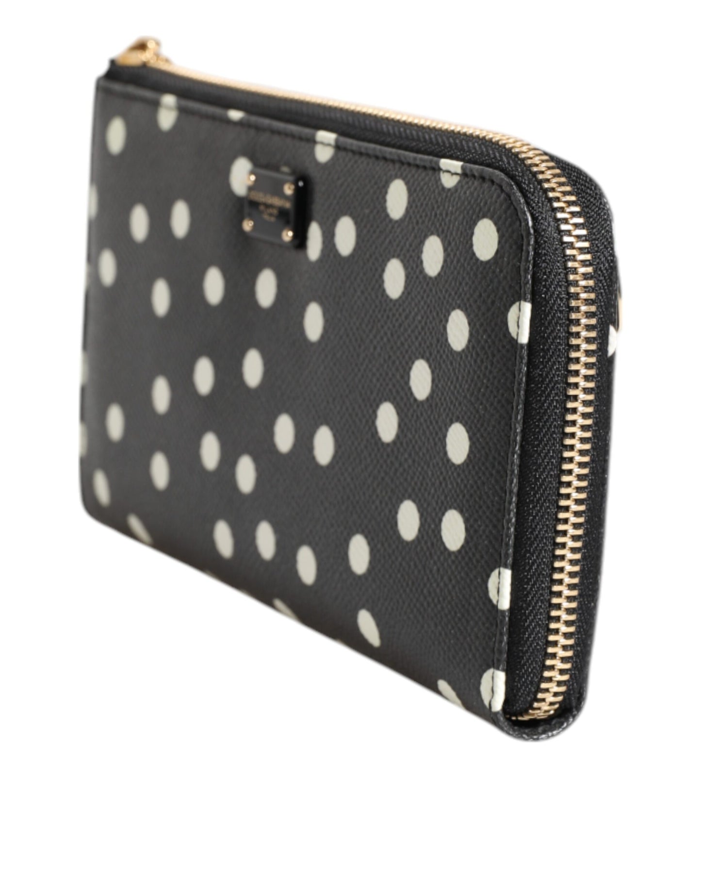 Portefeuille continental zippé Dolce &amp; Gabbana en cuir noir et blanc à pois