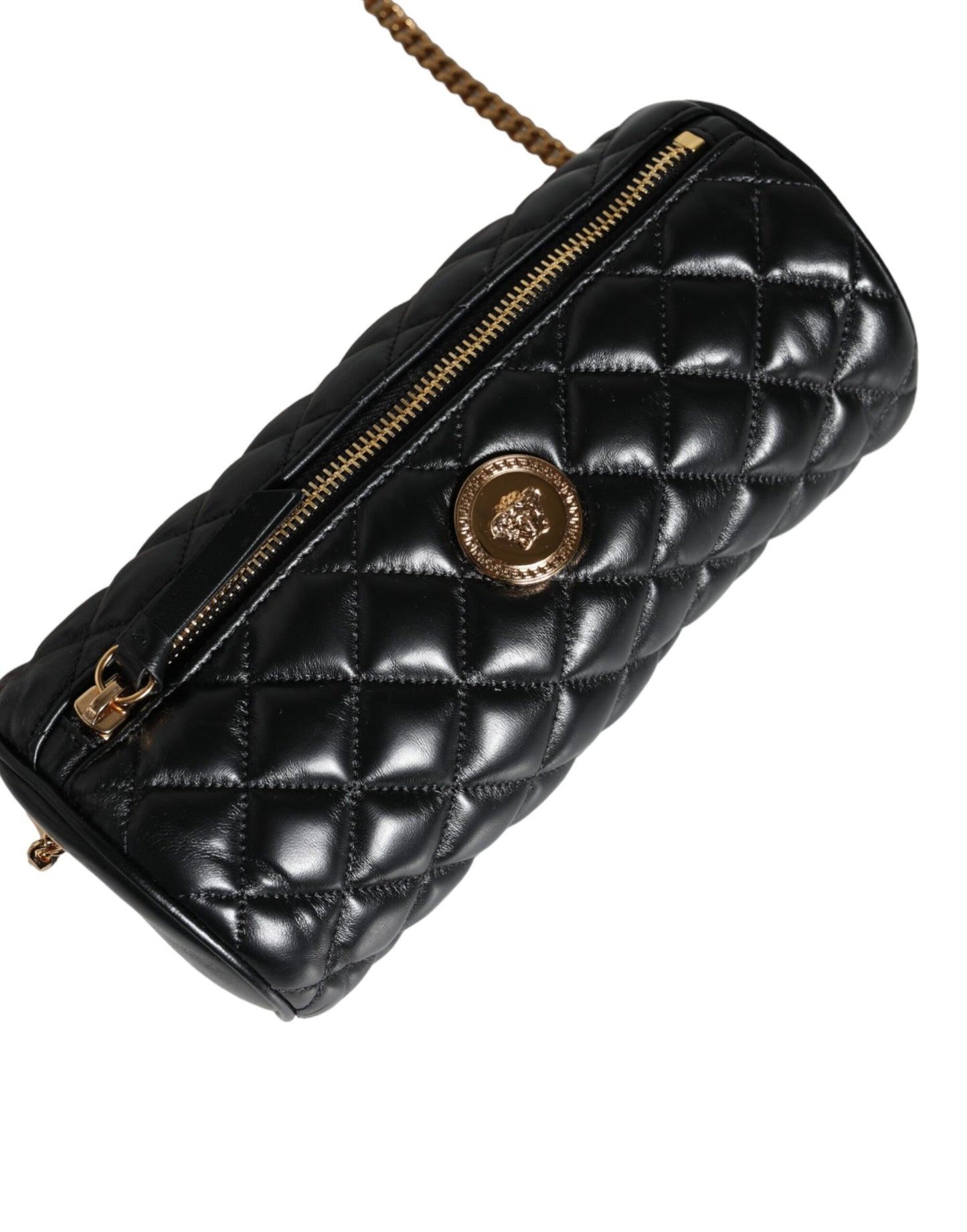 Versace – Schwarze Mini-Umhängetasche aus gestepptem Lammleder