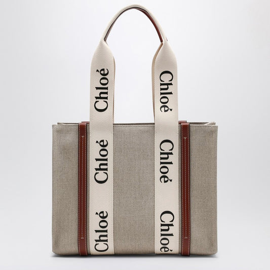 Chloé Woody Medium Bag In Beige Canvas