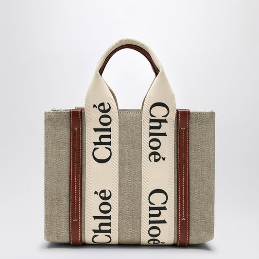 Chloé Woody kleine Tasche aus beigem Canvas