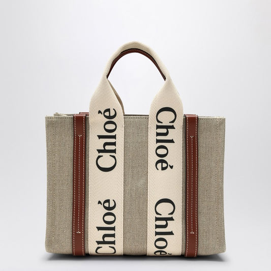 Chloé Woody kleine Tasche aus beigem Canvas
