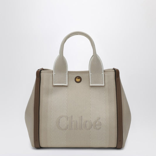 Chloé Carry Small Tote Bag In Beige Striped Canvas