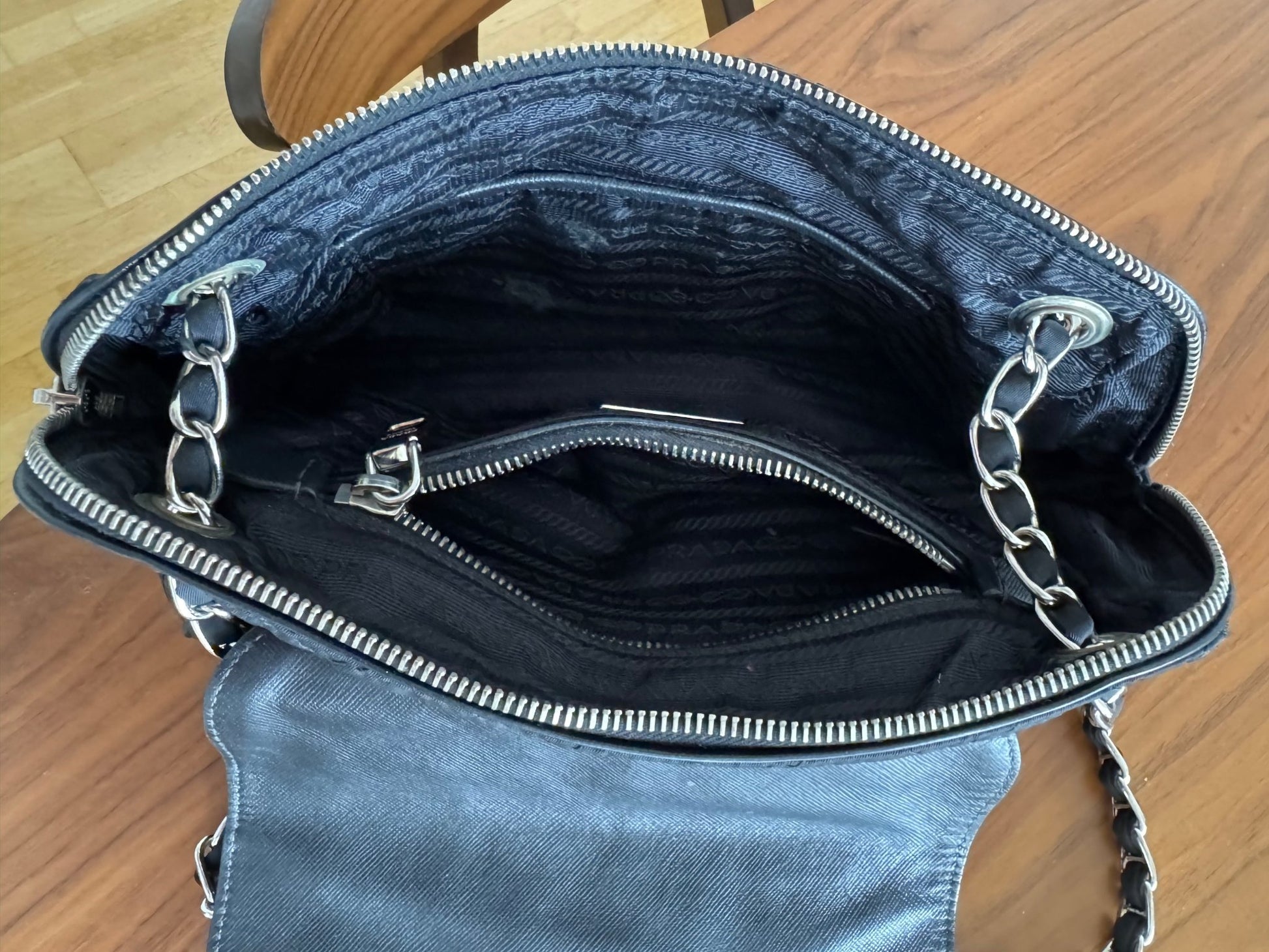 Prada Black Quilted Tessuto Chain Cross Body bag at The Platonist