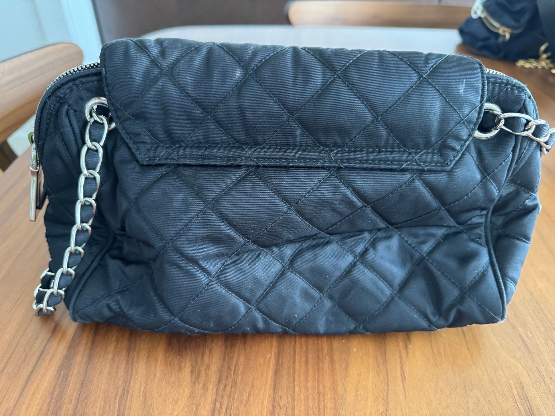 Prada Black Quilted Tessuto Chain Cross Body bag at The Platonist