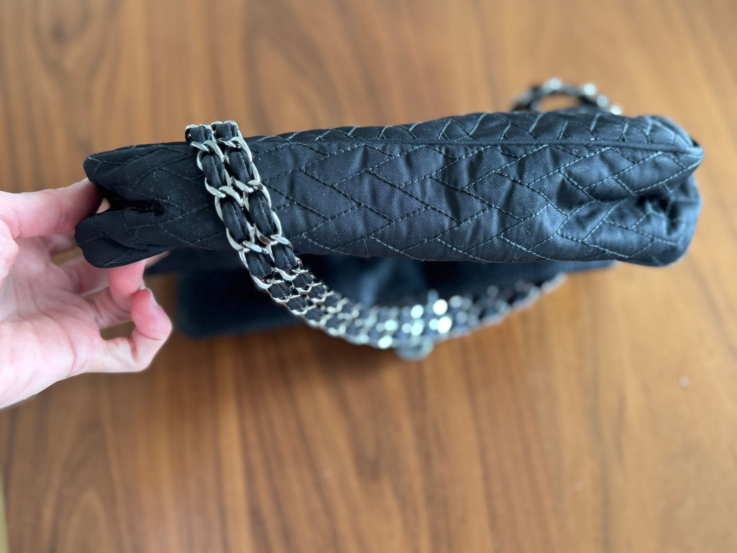 Prada Black Quilted Tessuto Impuntu Chain Shoulder bag at The Platonist