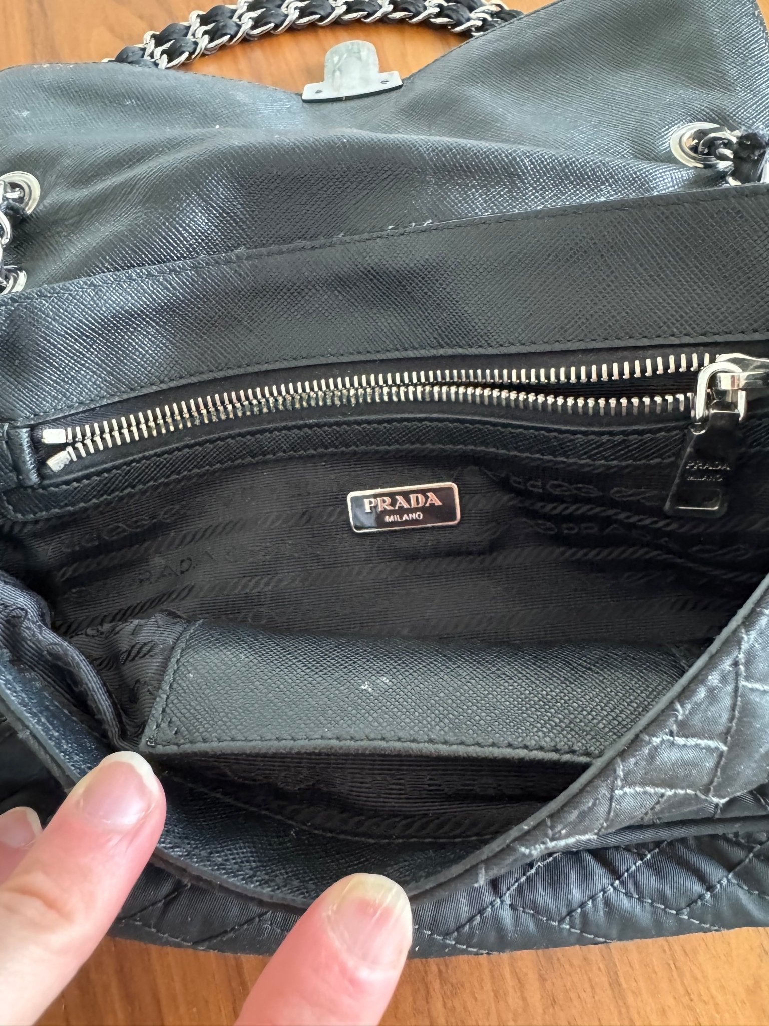 Prada Black Quilted Tessuto Impuntu Chain Shoulder bag at The Platonist